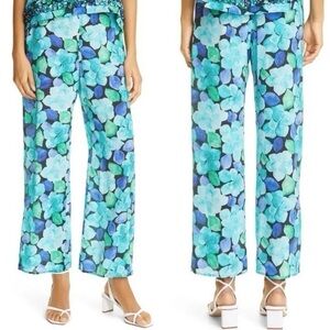 DYVNA Floral Print Silk Rayon Blend Blue Green Black Lightweight Straight Pants
